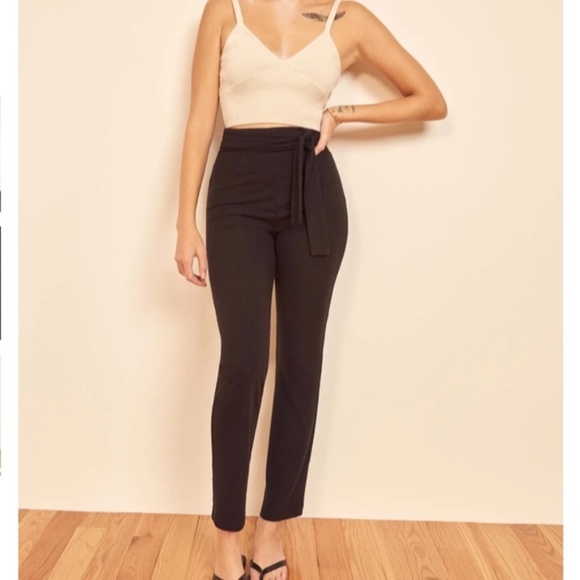 REFORMATION Kassia Tie Waist Rib Pants in Black - Picture 2 of 12
